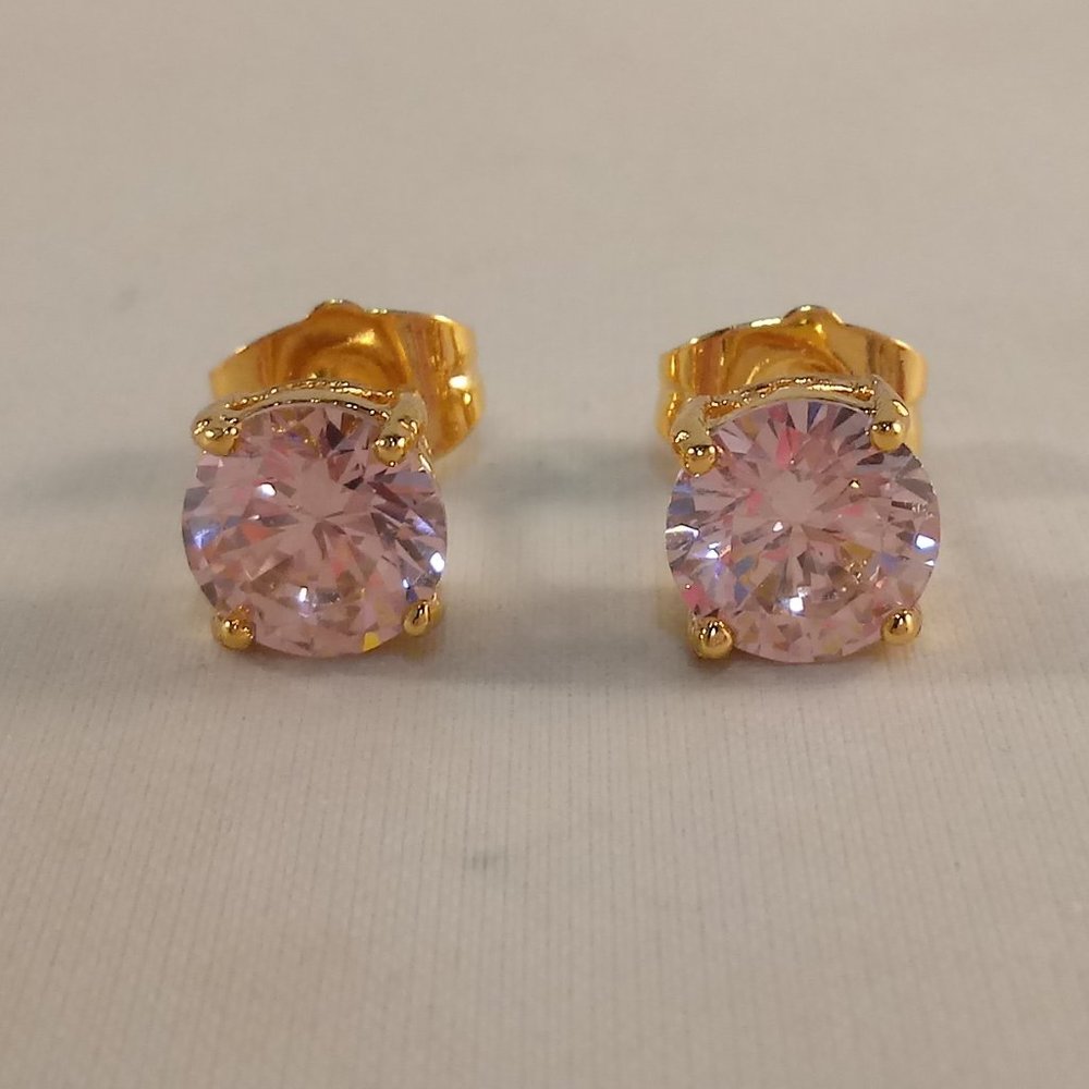 18K Yellow Gold Filled Pink Diamond Zircon Stud Earrings 1.28ctw 7mm Solitaire - Picture 1 of 2
